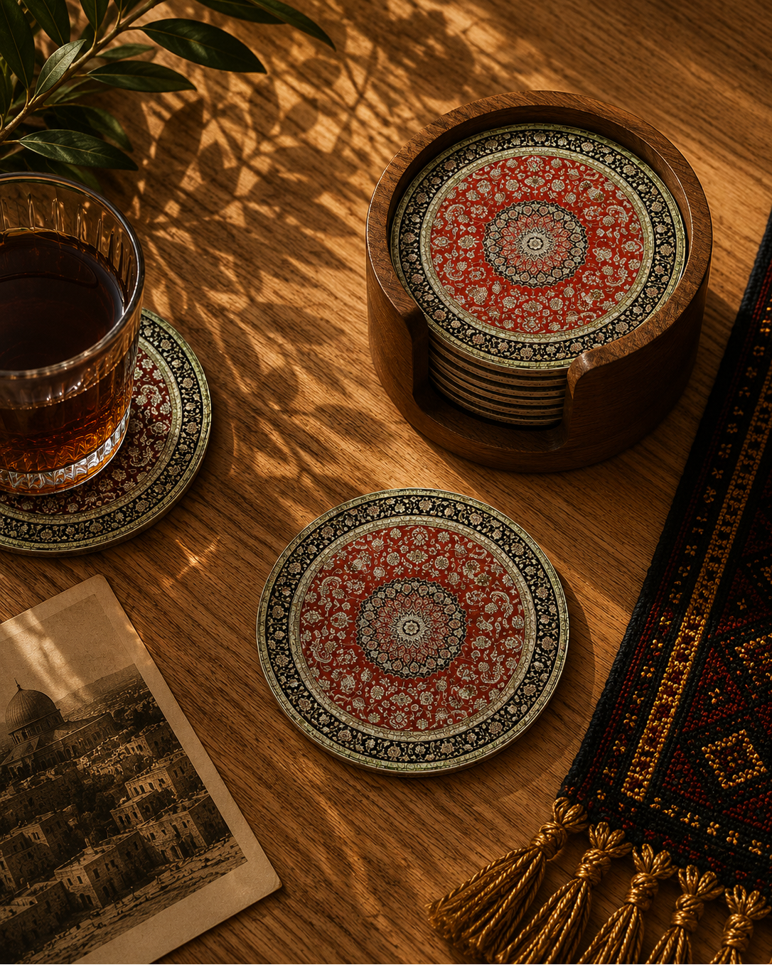 كوسترات خشب بتصميم التطريز الايراني قطر 9 سانتي (Copy)
